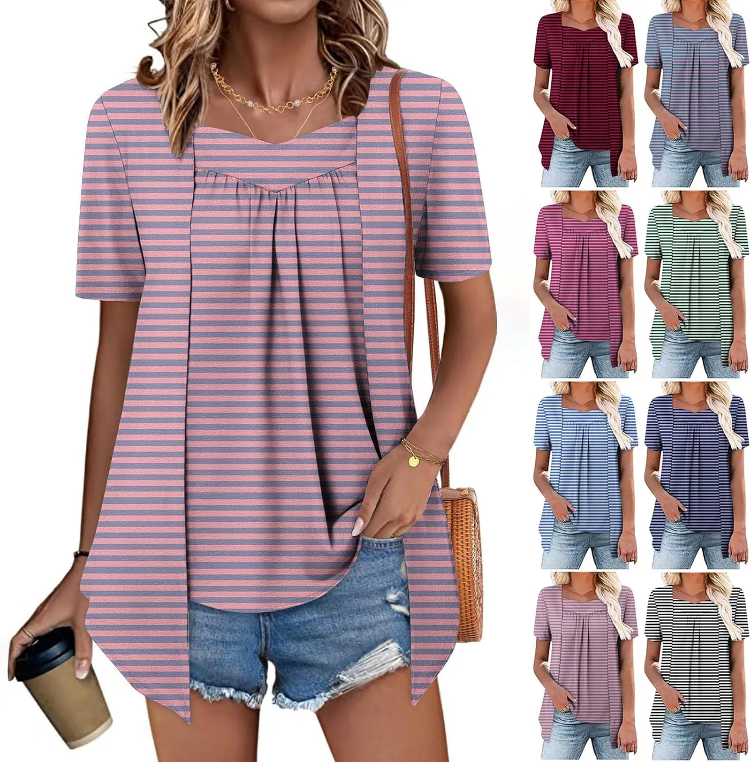 HGps8w Women's Fake-Two Piece Tunic Tops Casual Striped 2025 Summer Pleated T Shirts Color Block Loose Patchwork Blouse
