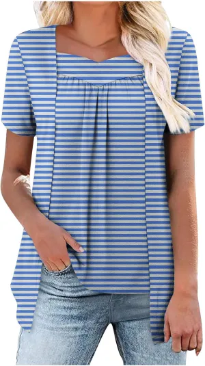 HGps8w Women's Fake-Two Piece Tunic Tops Casual Striped 2025 Summer Pleated T Shirts Color Block Loose Patchwork Blouse
