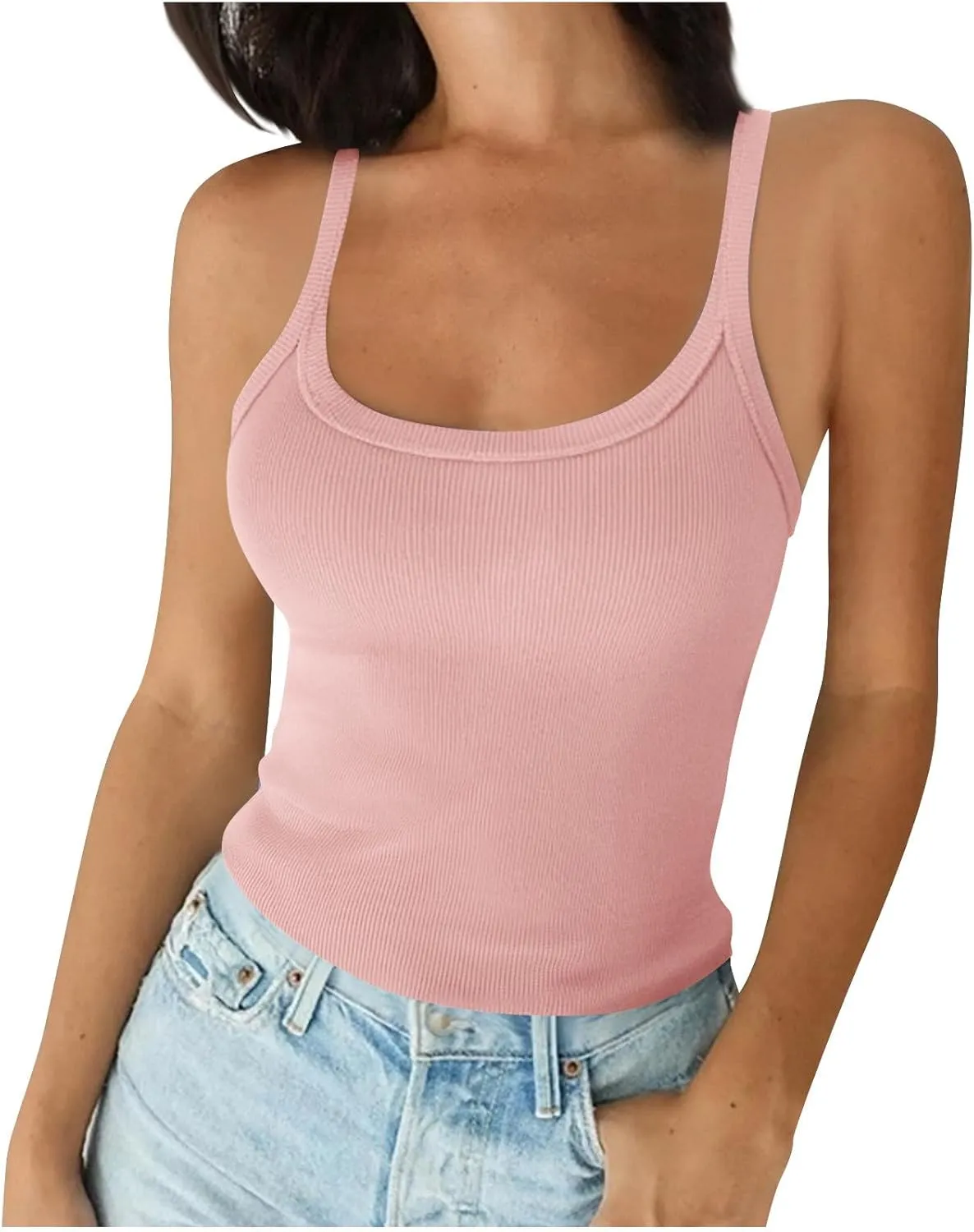 HGps8w Women's Plus Size U Neck Summer Tank Tops Sleeveless Ribbed Strechy Camisole Basic Casual Workout Tee Shirts
