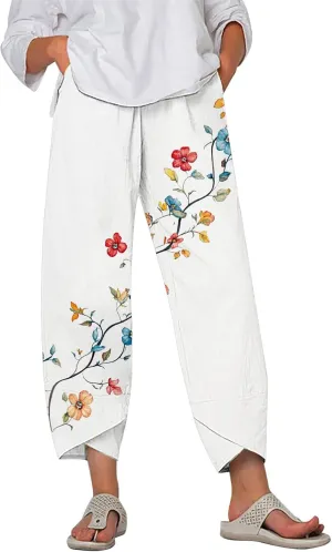 HOTYD Womens Cotton Linen Capri Pants Drawstring Elastic Waist Loose Fit Yoga Pants Baggy Cropped Trousers with Pockets