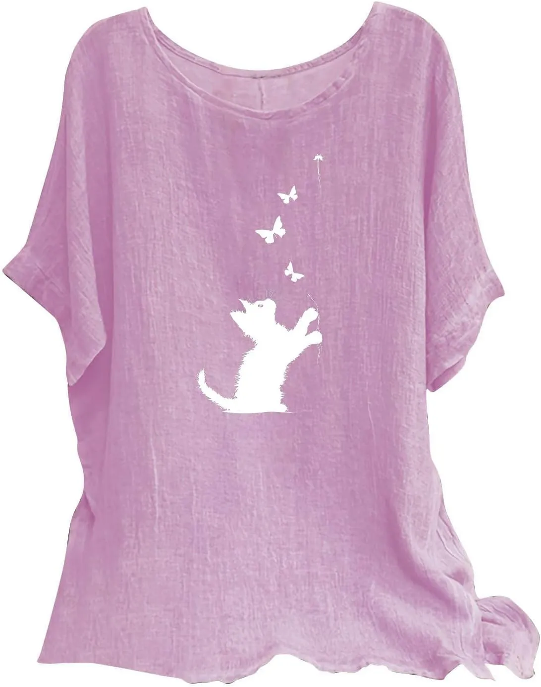 Kawaii Cat Graphic Tees Women's Summer Cotton Linen Shirts Casual Lightweight Tunic Tops Dressy Blouses Vintage Shirt
