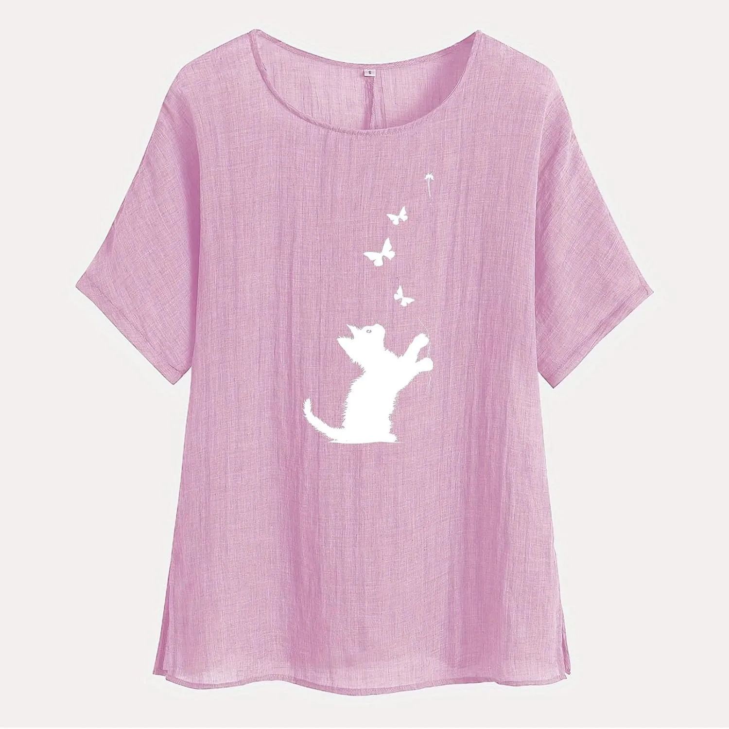 Kawaii Cat Graphic Tees Women's Summer Cotton Linen Shirts Casual Lightweight Tunic Tops Dressy Blouses Vintage Shirt