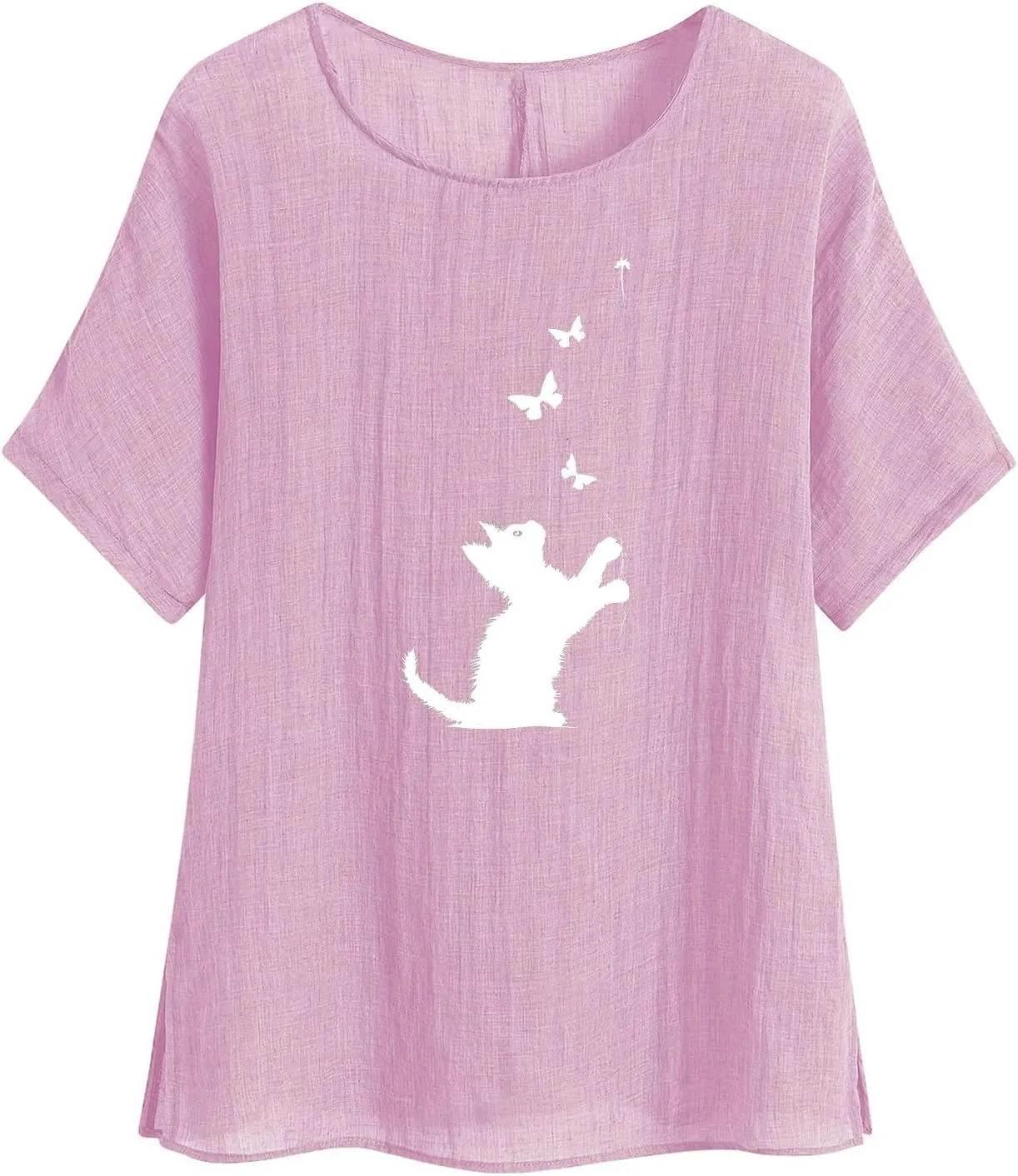Kawaii Cat Graphic Tees Women's Summer Cotton Linen Shirts Casual Lightweight Tunic Tops Dressy Blouses Vintage Shirt