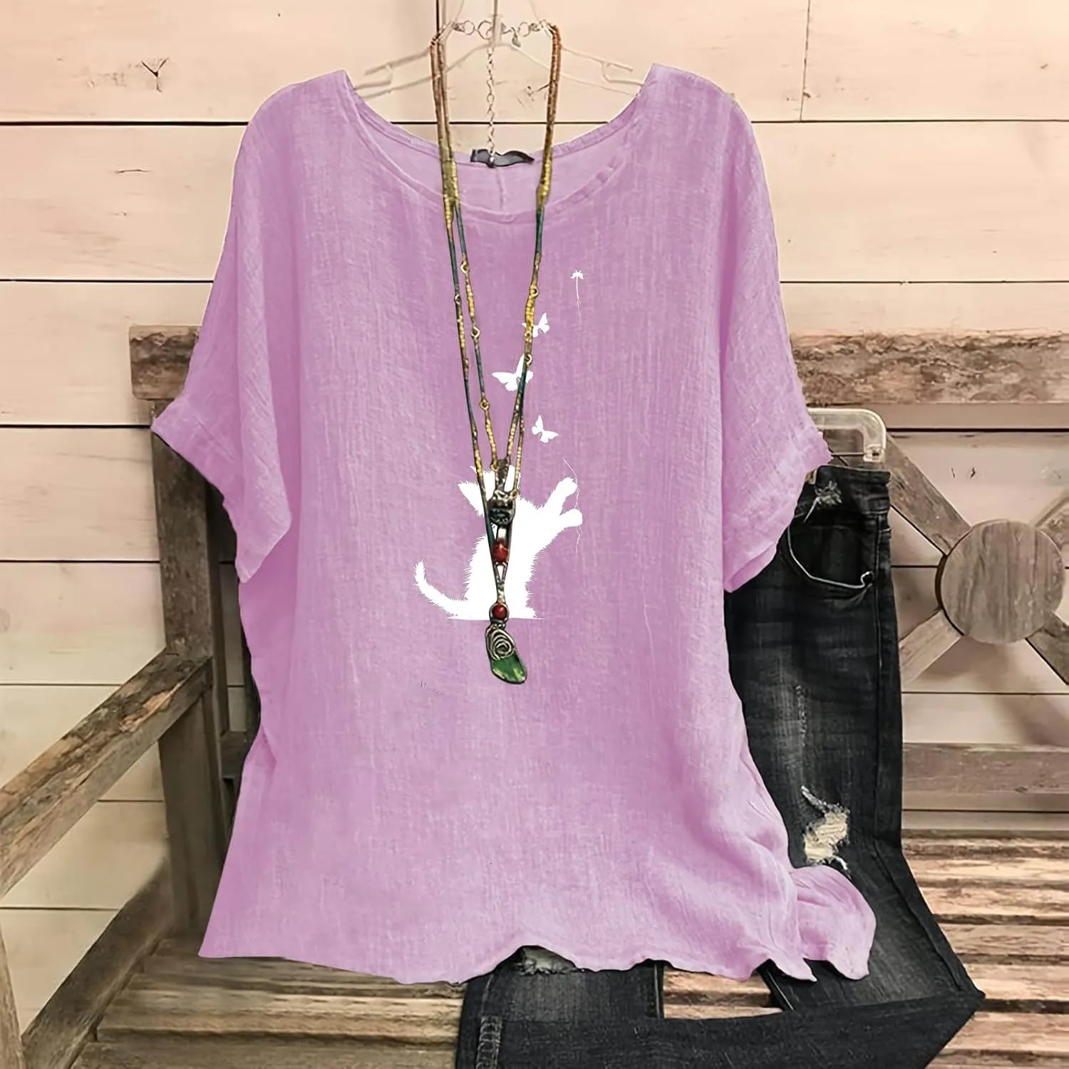 Kawaii Cat Graphic Tees Women's Summer Cotton Linen Shirts Casual Lightweight Tunic Tops Dressy Blouses Vintage Shirt