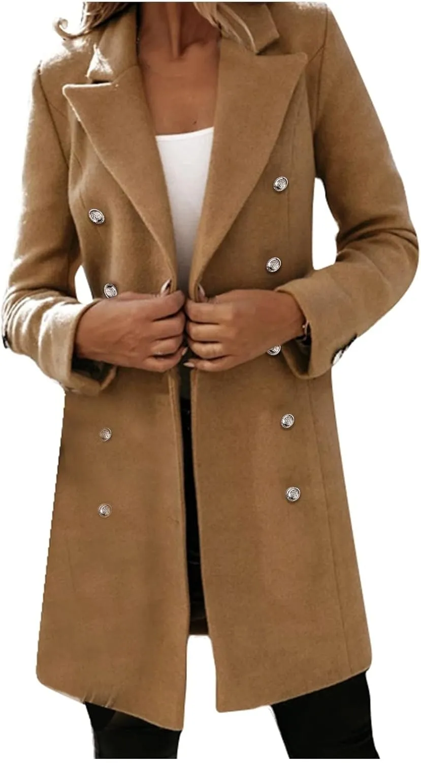 Kubbon Women Elegant Notched Collar Wool Blend Over Coat Dressy Double Breasted Open Front Pea Coat Casual Jacket Outerwear