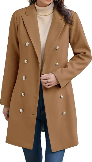 Kubbon Women Elegant Notched Collar Wool Blend Over Coat Dressy Double Breasted Open Front Pea Coat Casual Jacket Outerwear