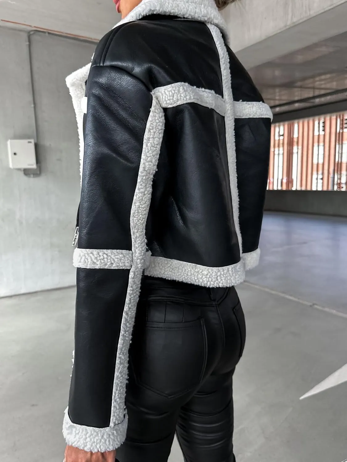 Kubbon Womens Faux Leather Jacket Cropped Sherpa Lined Moto Jacket Coat Trendy Long Sleeve Lapel Fluffy Jacket with Belted