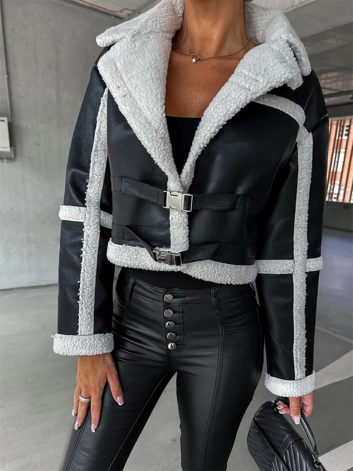 Kubbon Womens Faux Leather Jacket Cropped Sherpa Lined Moto Jacket Coat Trendy Long Sleeve Lapel Fluffy Jacket with Belted