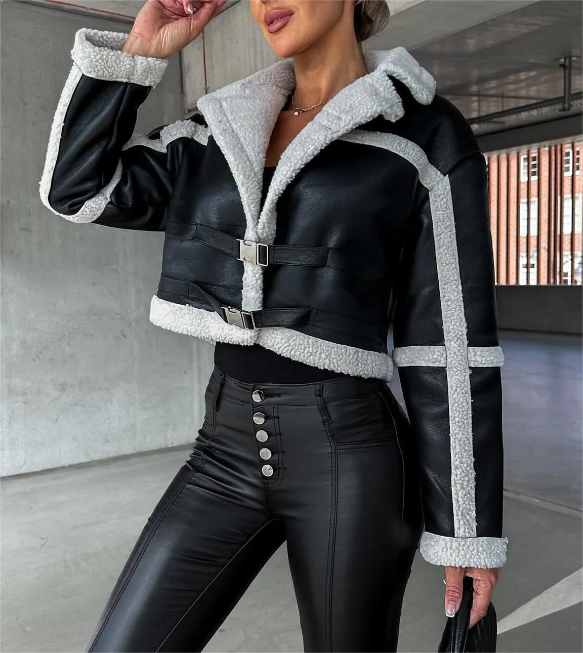 Kubbon Womens Faux Leather Jacket Cropped Sherpa Lined Moto Jacket Coat Trendy Long Sleeve Lapel Fluffy Jacket with Belted