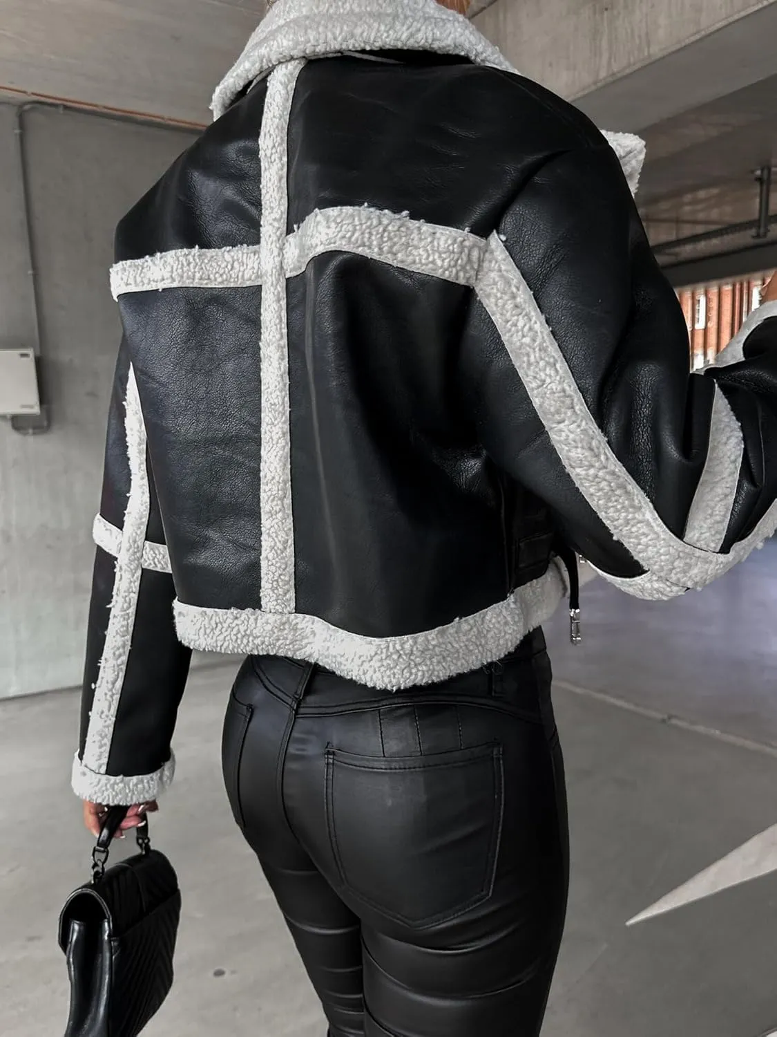 Kubbon Womens Faux Leather Jacket Cropped Sherpa Lined Moto Jacket Coat Trendy Long Sleeve Lapel Fluffy Jacket with Belted