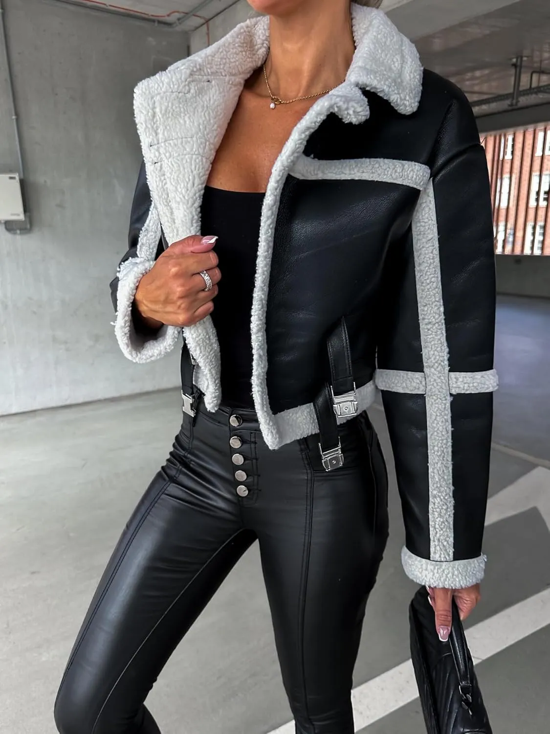 Kubbon Womens Faux Leather Jacket Cropped Sherpa Lined Moto Jacket Coat Trendy Long Sleeve Lapel Fluffy Jacket with Belted