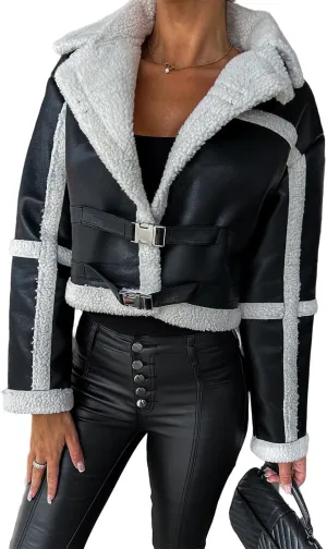 Kubbon Womens Faux Leather Jacket Cropped Sherpa Lined Moto Jacket Coat Trendy Long Sleeve Lapel Fluffy Jacket with Belted