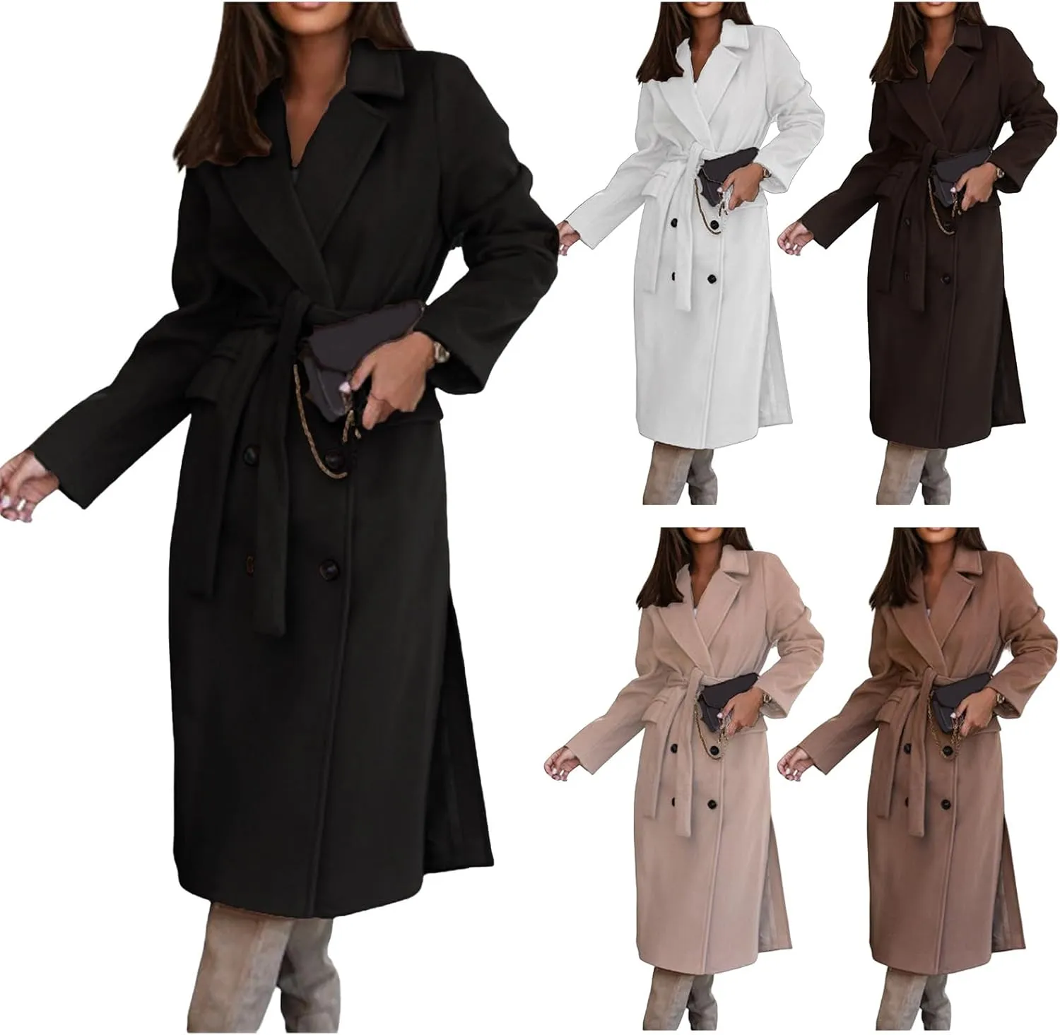 Kubbon Women's Long Wool Blend Pea Coat Winter Double Breasted Notched Lapel Trench Coats Work Office Overcoat with Belt