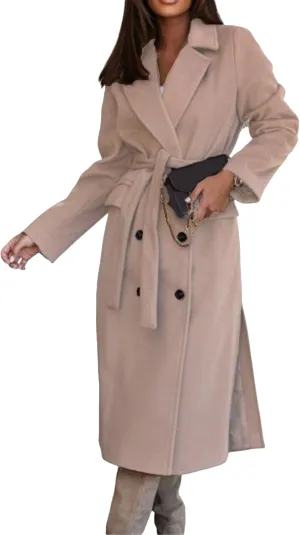 Kubbon Women's Long Wool Blend Pea Coat Winter Double Breasted Notched Lapel Trench Coats Work Office Overcoat with Belt