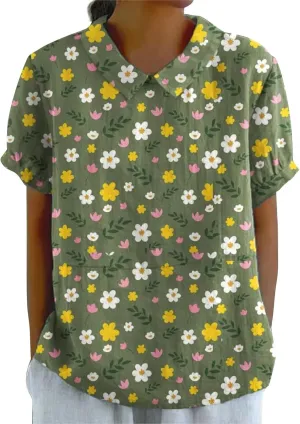Linen Shirts Vintage Floral Graphic for Women Linen Loose Large Size Thin Lapel Womens Cute Autumn Tops and Blouses