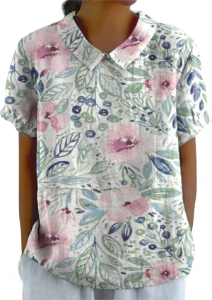 Linen Shirts Vintage Floral Graphic for Women Linen Loose Large Size Thin Lapel Womens Cute Autumn Tops and Blouses