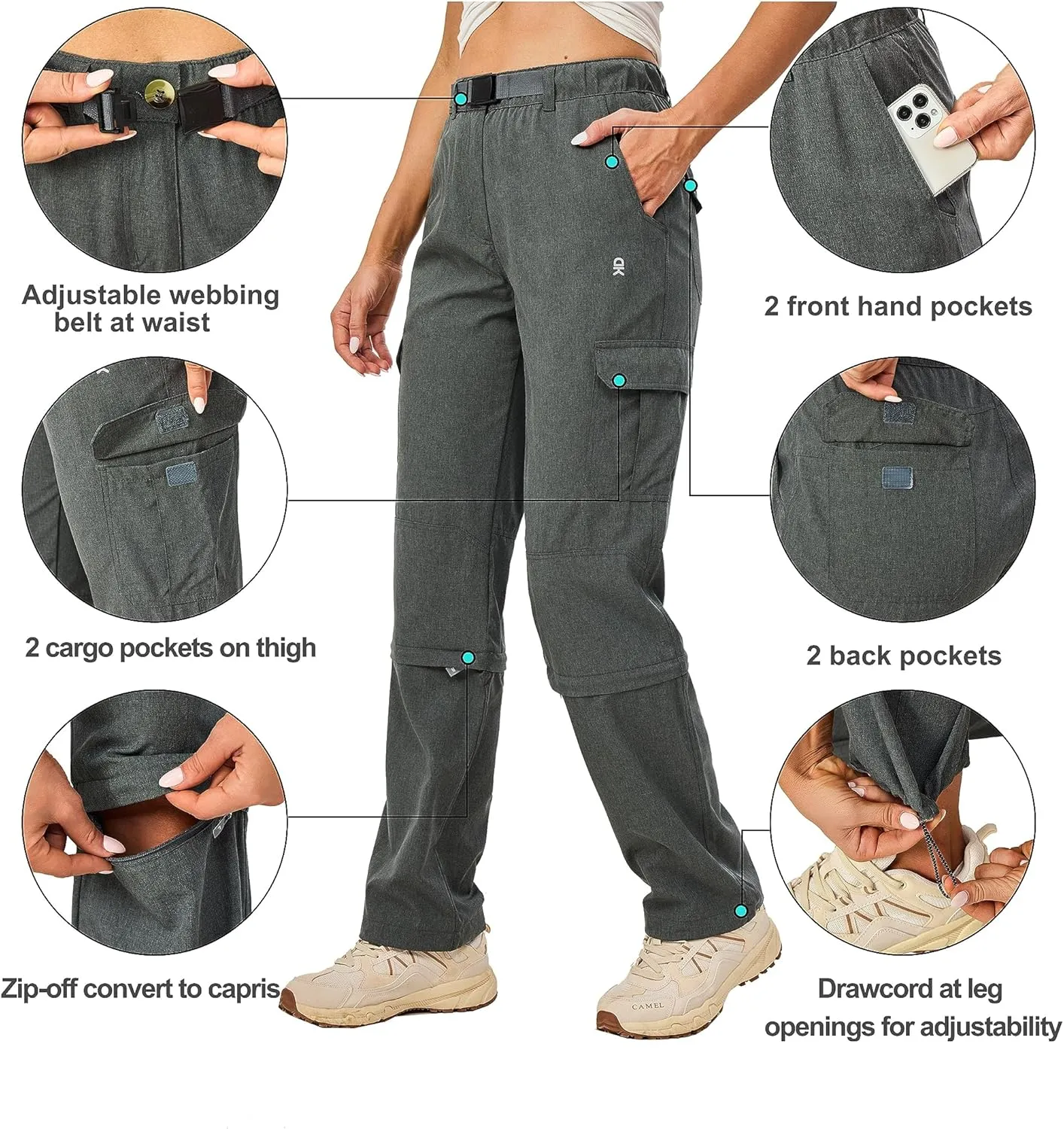 Little Donkey Andy Women's Hiking Pants Quick Dry Convertible Pants, Lightweight Zip-Off Outdoor Travel Cargo Pants