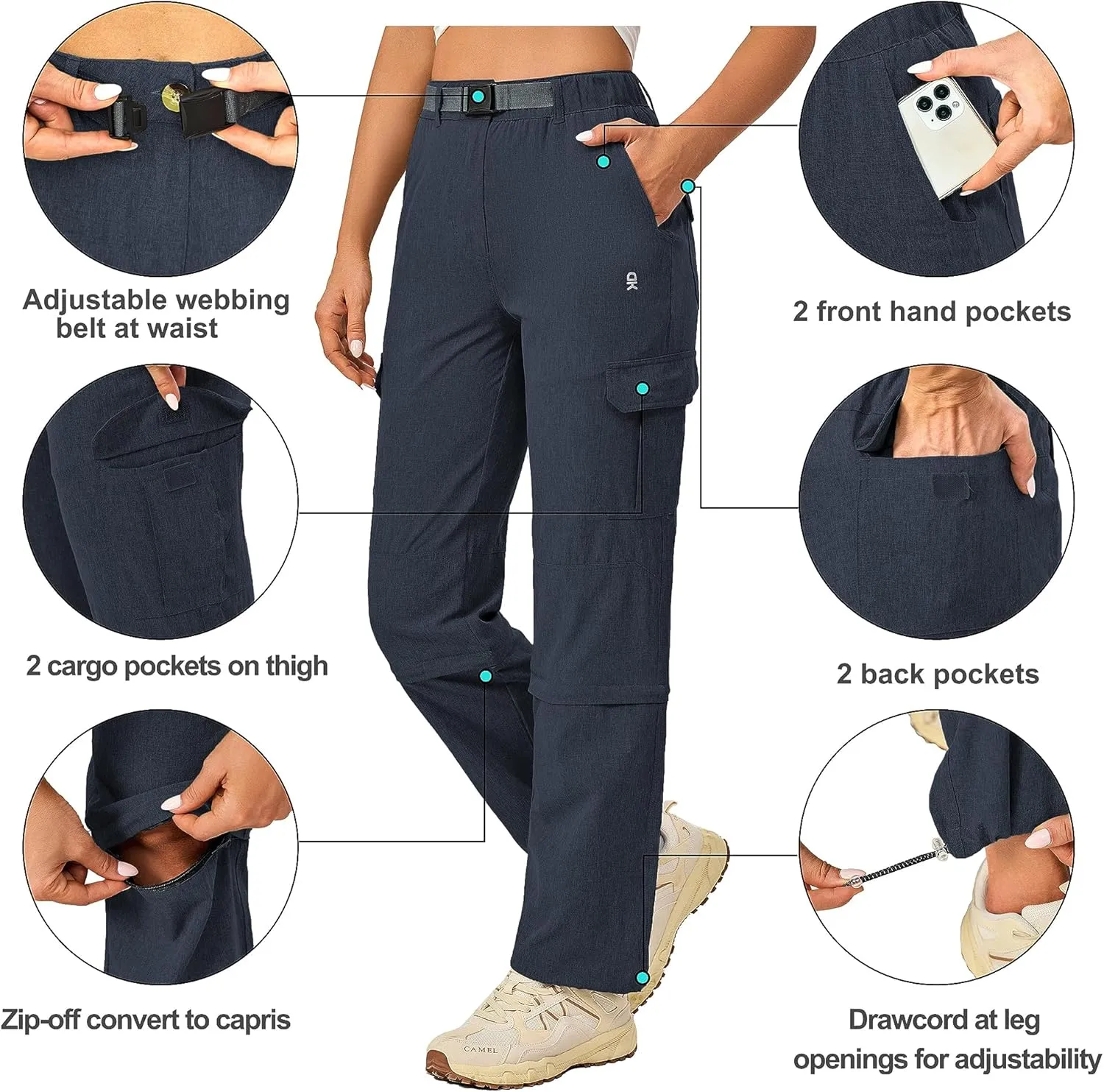Little Donkey Andy Women's Hiking Pants Quick Dry Convertible Pants, Lightweight Zip-Off Outdoor Travel Cargo Pants