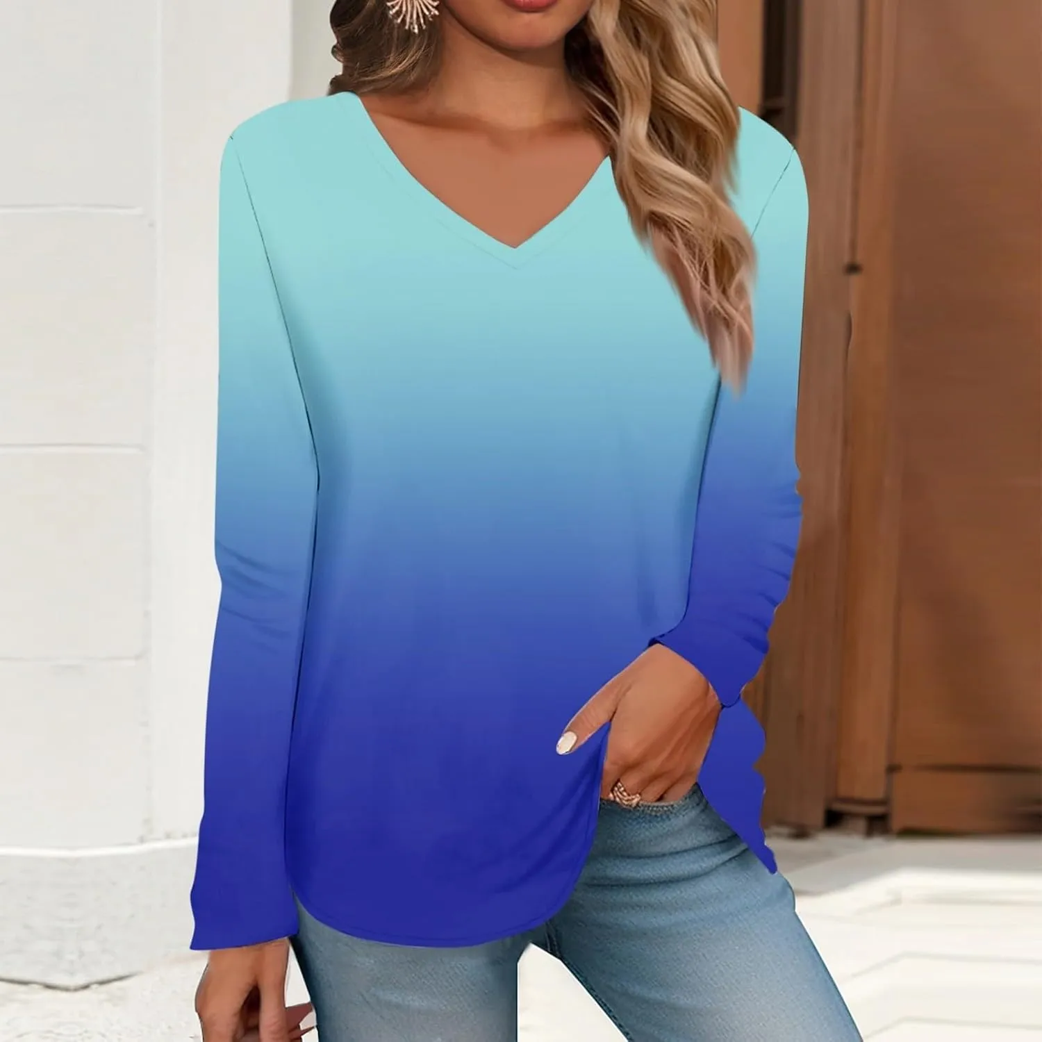 Long Sleeve Shirts for Women 2024 V Neck Boho Dressy Casual Tops Lightweight Sweatshirts Pullover Going out Fashion Blouses