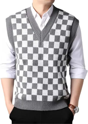 Men Knit Vest Checkered Checkboard Plaids Sleeveless Jumpers Sweater Pullover V Neck Basic for Autumn Winter