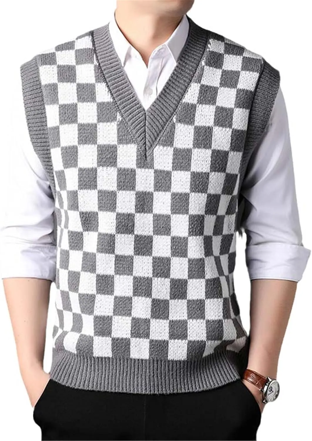 Men Knit Vest Checkered Checkboard Plaids Sleeveless Jumpers Sweater Pullover V Neck Basic for Autumn Winter