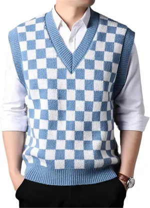 Men Knit Vest Checkered Checkboard Plaids Sleeveless Jumpers Sweater Pullover V Neck Basic for Autumn Winter