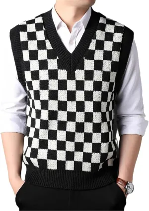 Men Knit Vest Checkered Checkboard Plaids Sleeveless Jumpers Sweater Pullover V Neck Basic for Autumn Winter