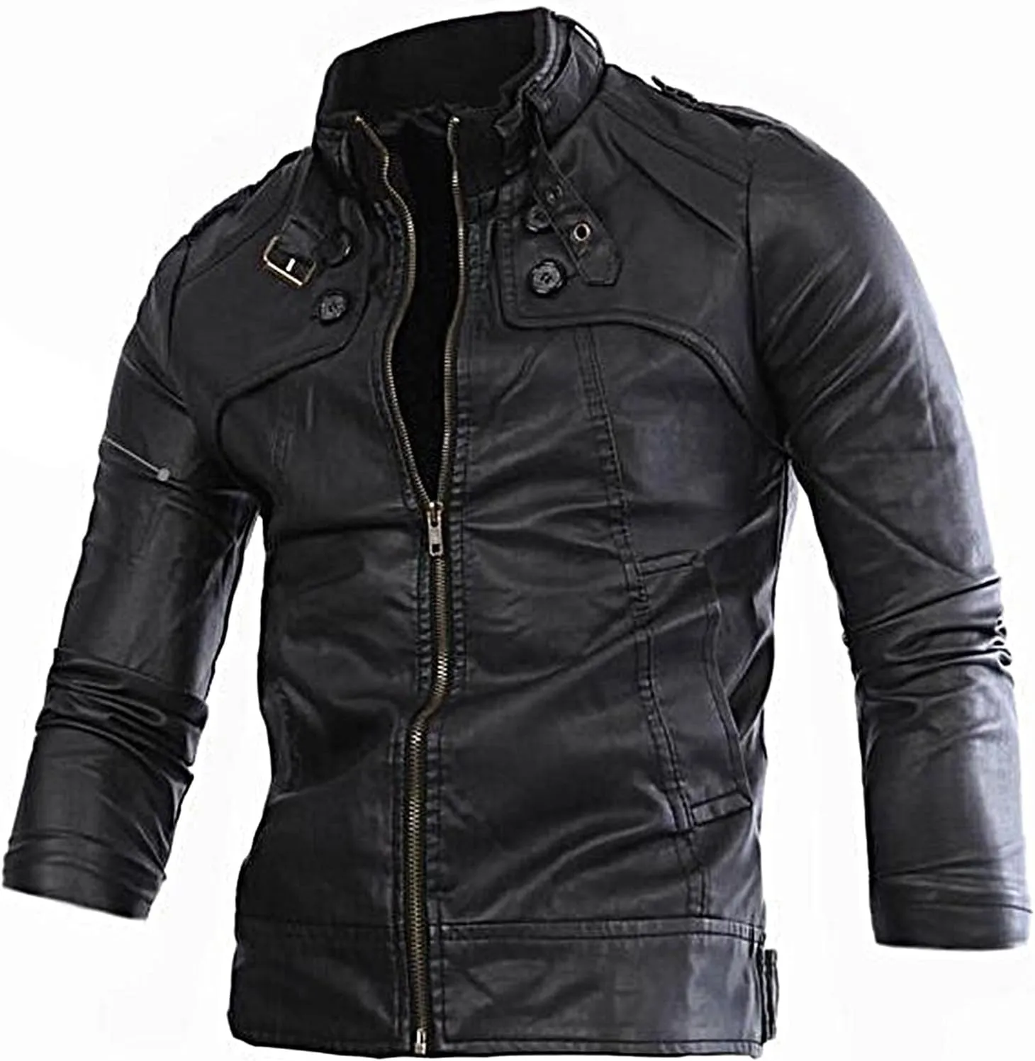 Men PU Leather Biker Jacket Vintage Stand Collar Motorcycle Jackets Long Sleeve Full Zip Up Slim Fit Cool Coat Jacket
