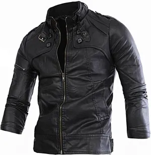 Men PU Leather Biker Jacket Vintage Stand Collar Motorcycle Jackets Long Sleeve Full Zip Up Slim Fit Cool Coat Jacket