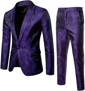 Men's 2 Pieces Jacquard Wedding Suits Classic Slim Fit One Button Blazer Jackets and Pants Wedding Dinner Party Prom