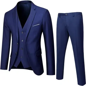 Mens 3 Piece Tuxedo Slim Fit Suit Sets One Button Blazer Jackets Lapel Vest Pant Dress Tux for Business Wedding Prom