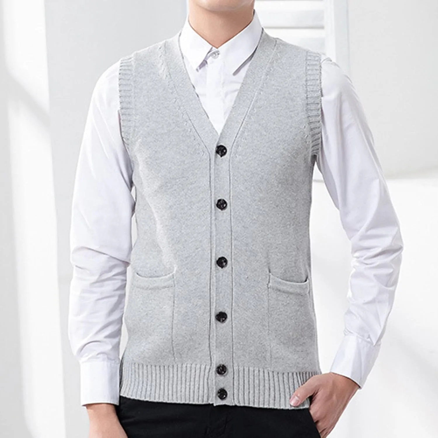 Men's Cable Knit Cardigan Vest Wool Blend V-Neck Button Sleeveless Vests Button Down Cardigan Waistcoats