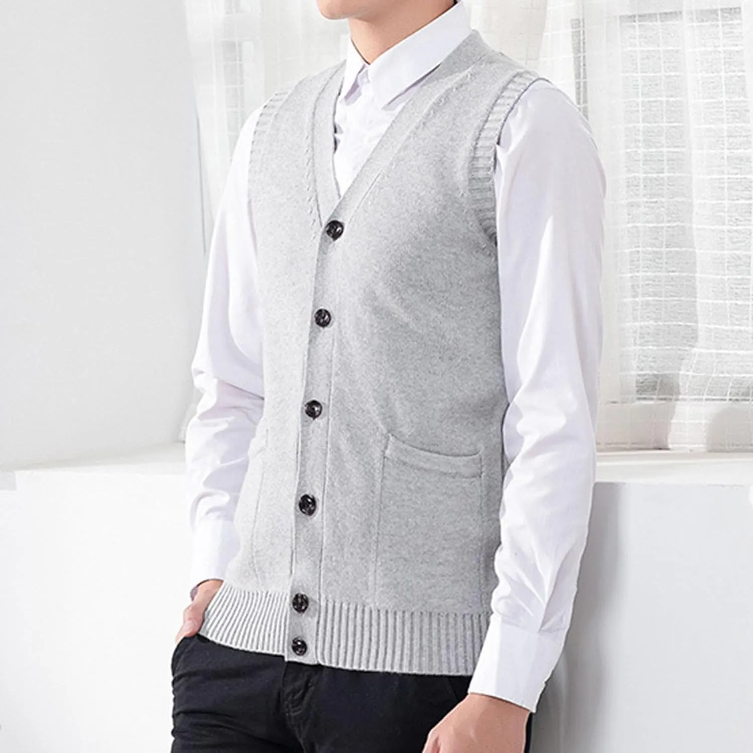 Men's Cable Knit Cardigan Vest Wool Blend V-Neck Button Sleeveless Vests Button Down Cardigan Waistcoats