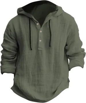 Mens Cotton Linen Henley Shirts with Hood Casual V Neck Drawstring Long Sleeve Hooded Sweatshirt Summer Button Shirt