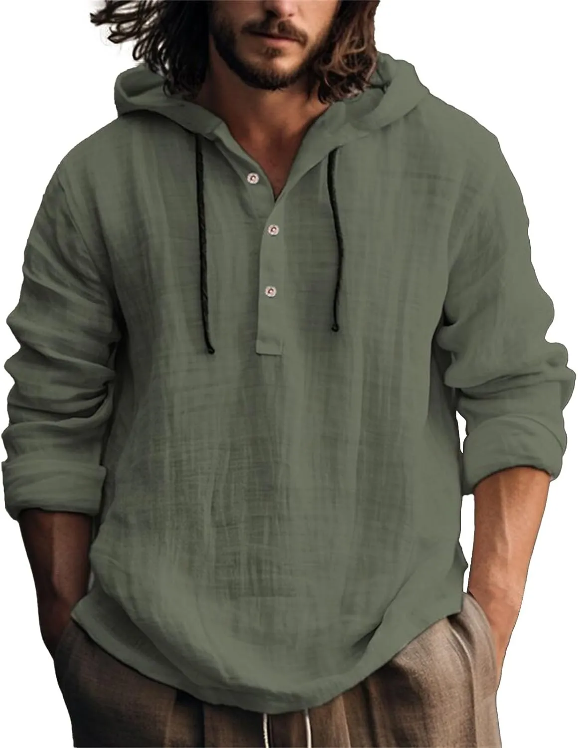 Mens Cotton Linen Henley Shirts with Hood Casual V Neck Drawstring Long Sleeve Hooded Sweatshirt Summer Button Shirt