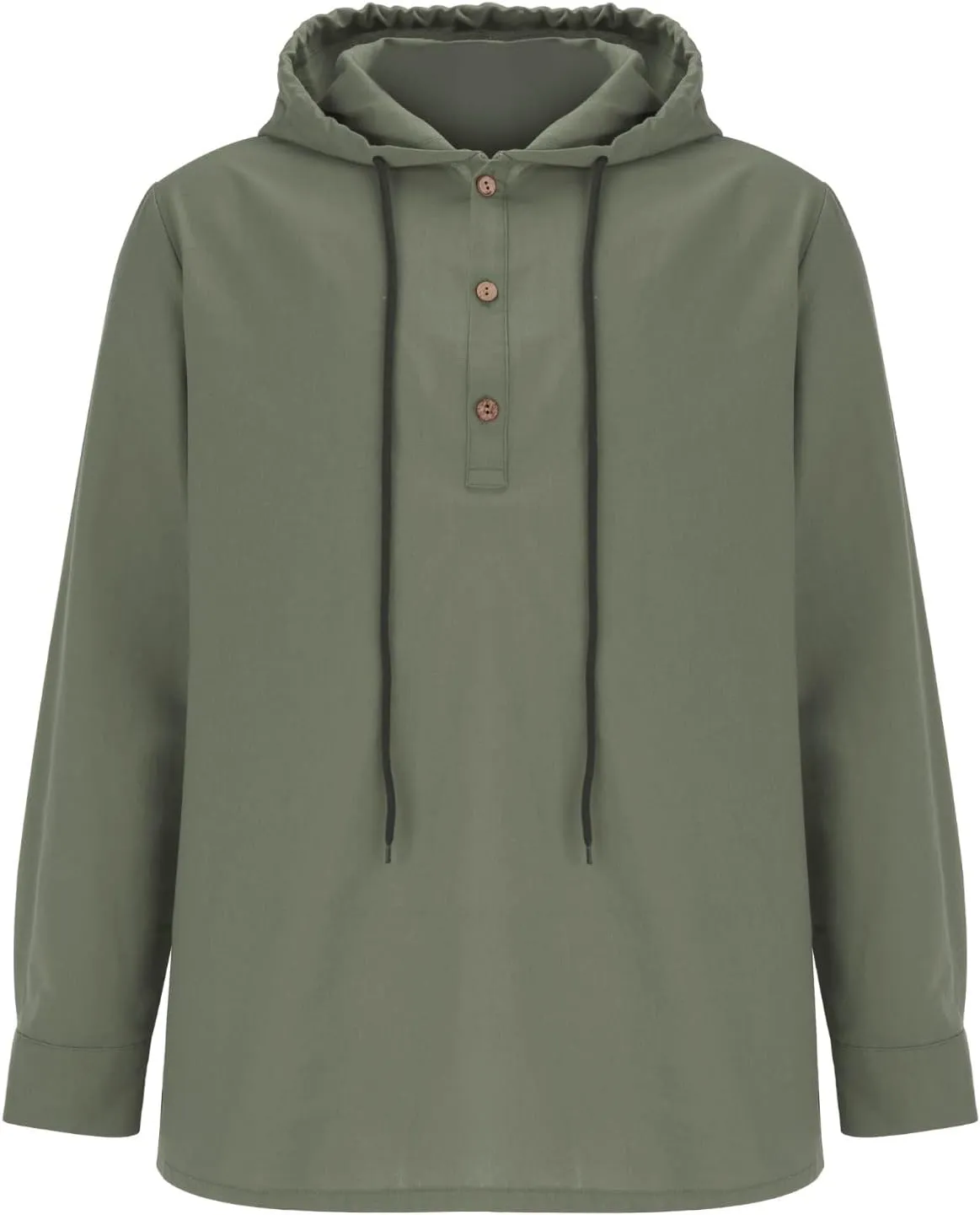 Mens Cotton Linen Henley Shirts with Hood Casual V Neck Drawstring Long Sleeve Hooded Sweatshirt Summer Button Shirt
