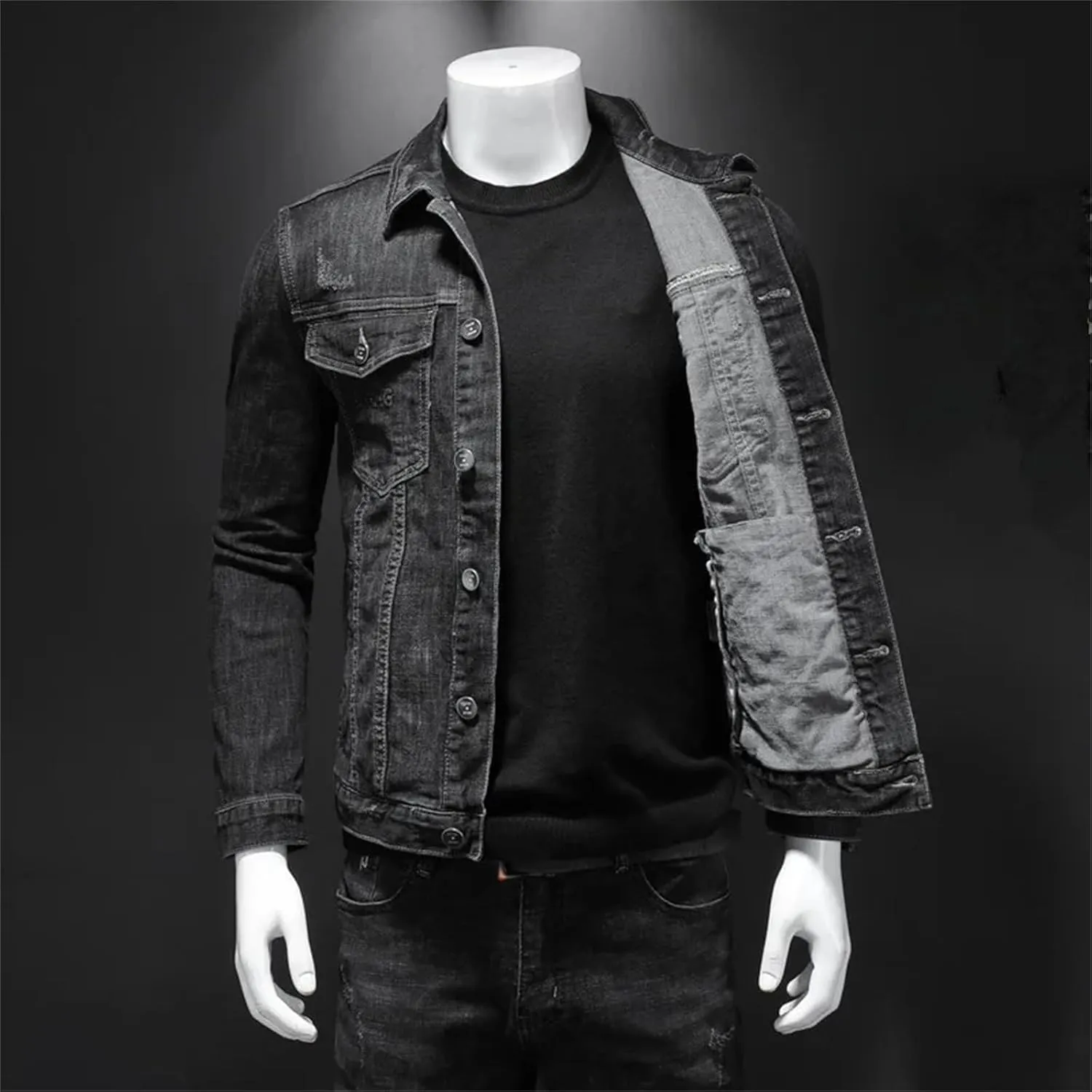 Men's Denim Jacket Casual Cotton Turn Down Collar Motorcycle Jean Coats Black Button Down Cowboy Outerwear