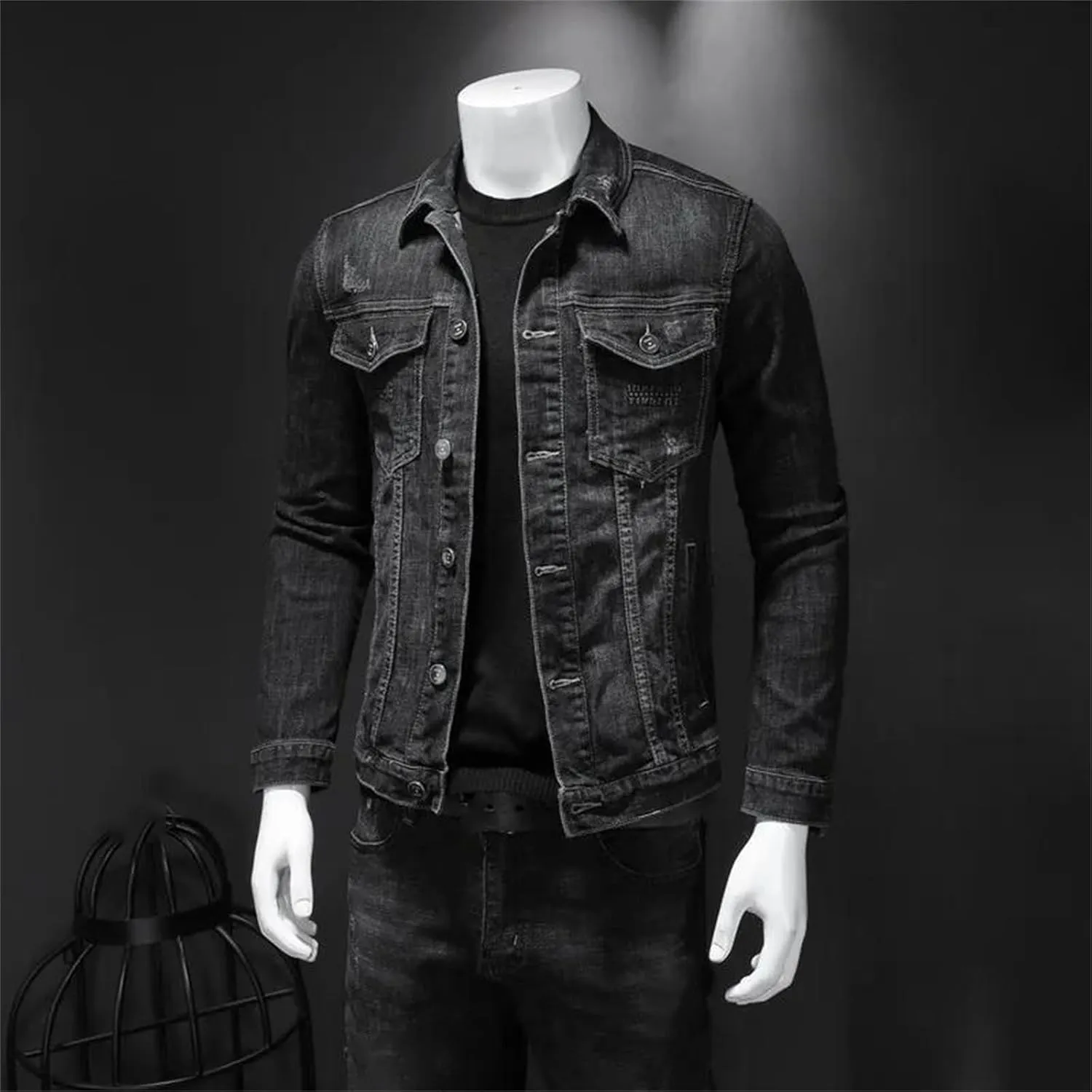 Men's Denim Jacket Casual Cotton Turn Down Collar Motorcycle Jean Coats Black Button Down Cowboy Outerwear