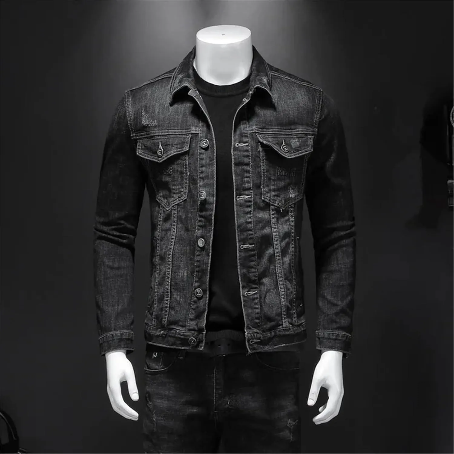 Men's Denim Jacket Casual Cotton Turn Down Collar Motorcycle Jean Coats Black Button Down Cowboy Outerwear