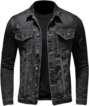 Men's Denim Jacket Casual Cotton Turn Down Collar Motorcycle Jean Coats Black Button Down Cowboy Outerwear