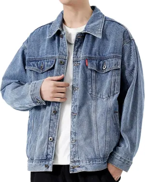 Mens Denim Jacket Casual Work Jean Coats Trucker Jacket Long Sleeve Regular Fit Spring Fall Outfits