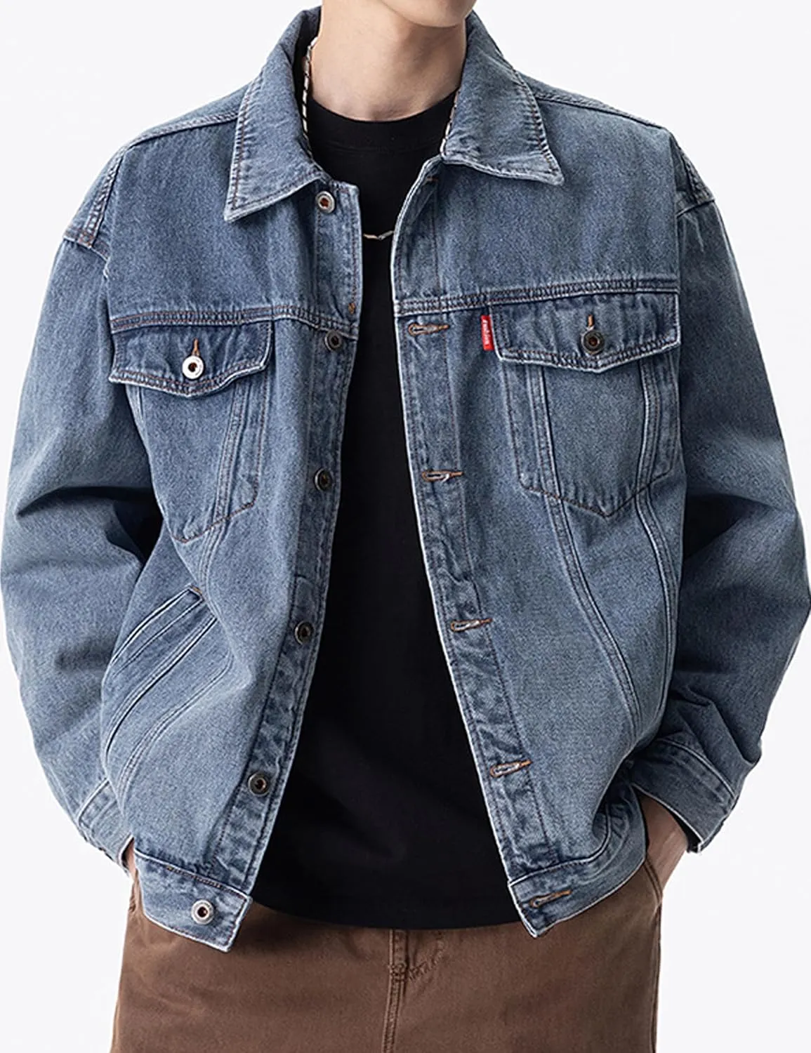 Mens Denim Jacket Casual Work Jean Coats Trucker Jacket Long Sleeve Regular Fit Spring Fall Outfits