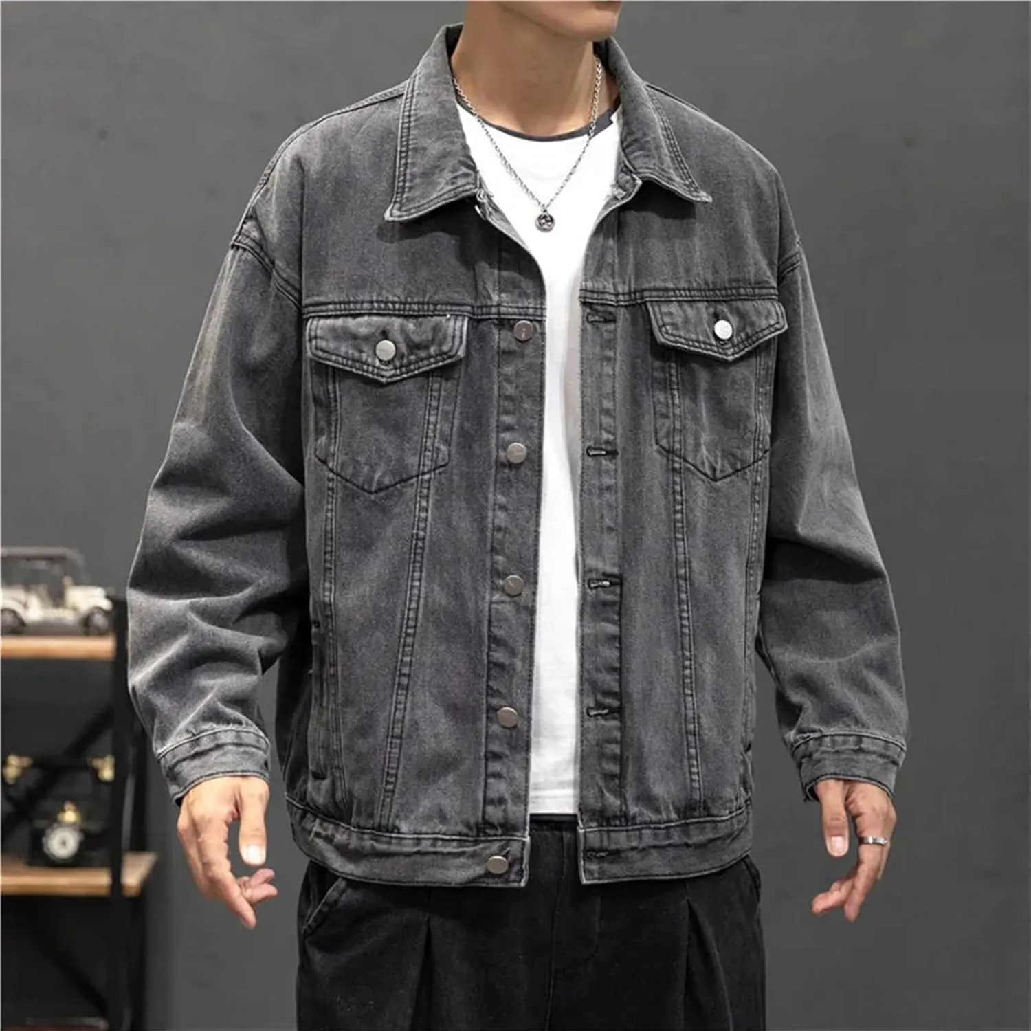 Mens Denim Jacket Vintage Jean Coats Streetwear Fashion Jacket Men Turn-Down Collar Outerwear Cotton Trucker Jacket