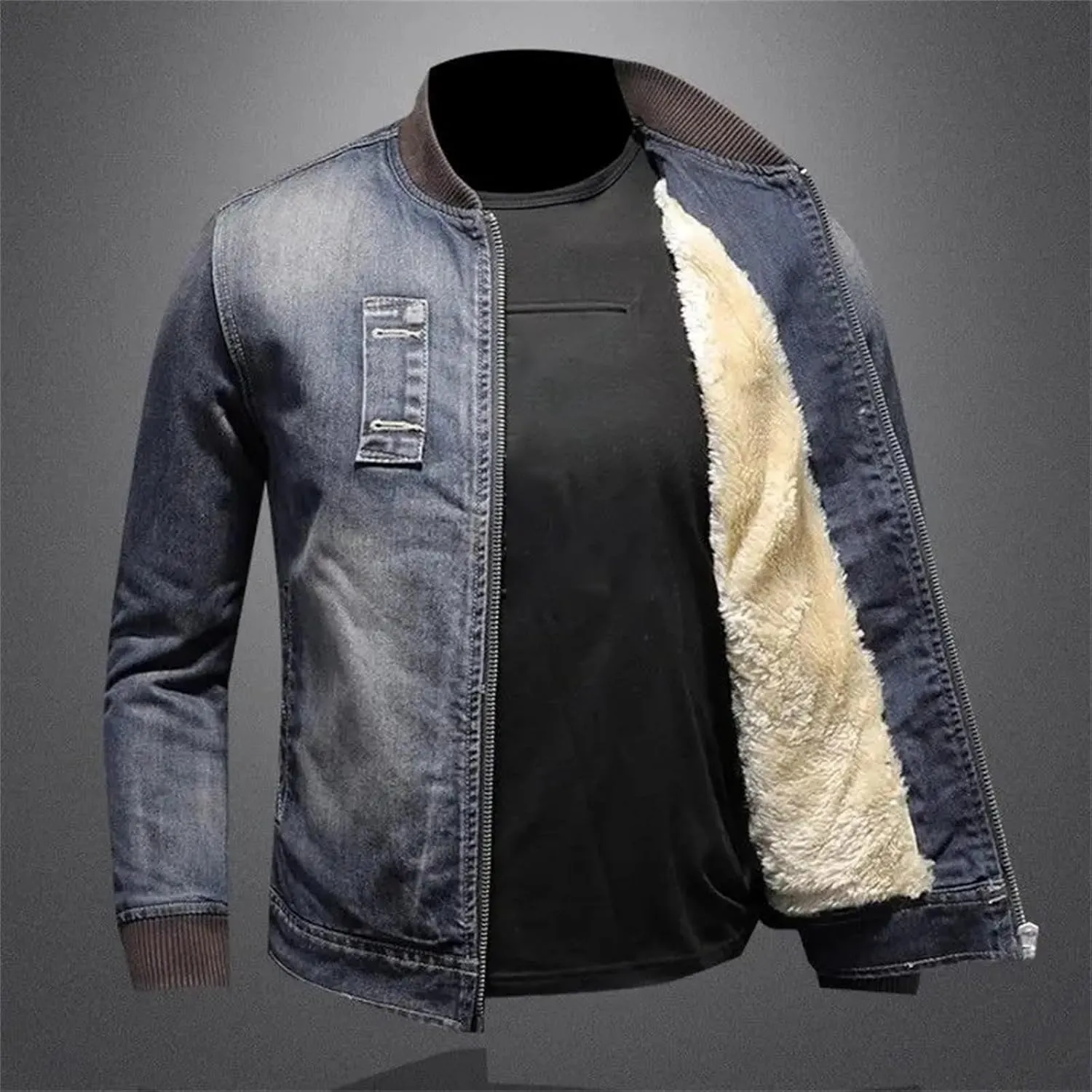 Men's Denim Jacket Vintage Loose Casual Fleece Winter Jacket Fashion Lapel Zipper Motorcycle Jean Coats