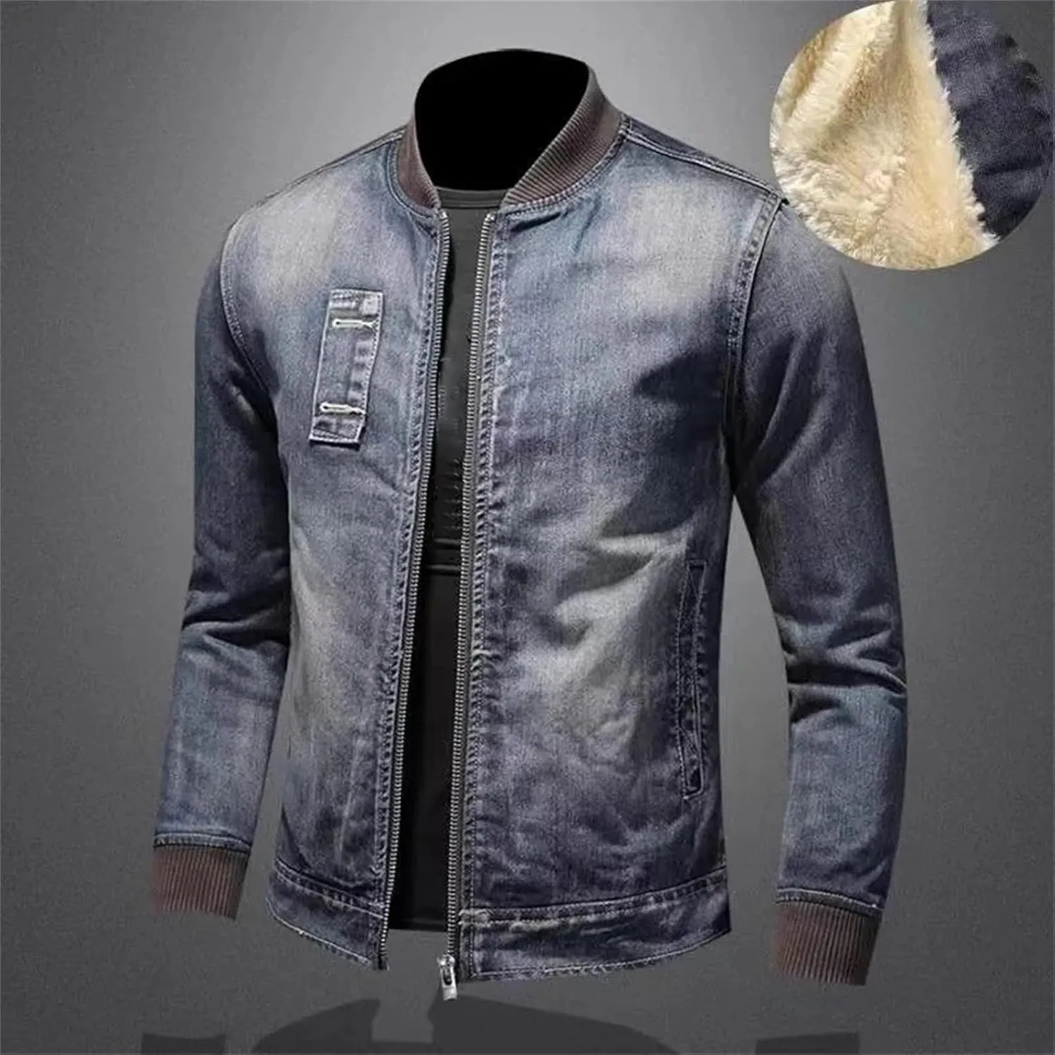 Men's Denim Jacket Vintage Loose Casual Fleece Winter Jacket Fashion Lapel Zipper Motorcycle Jean Coats