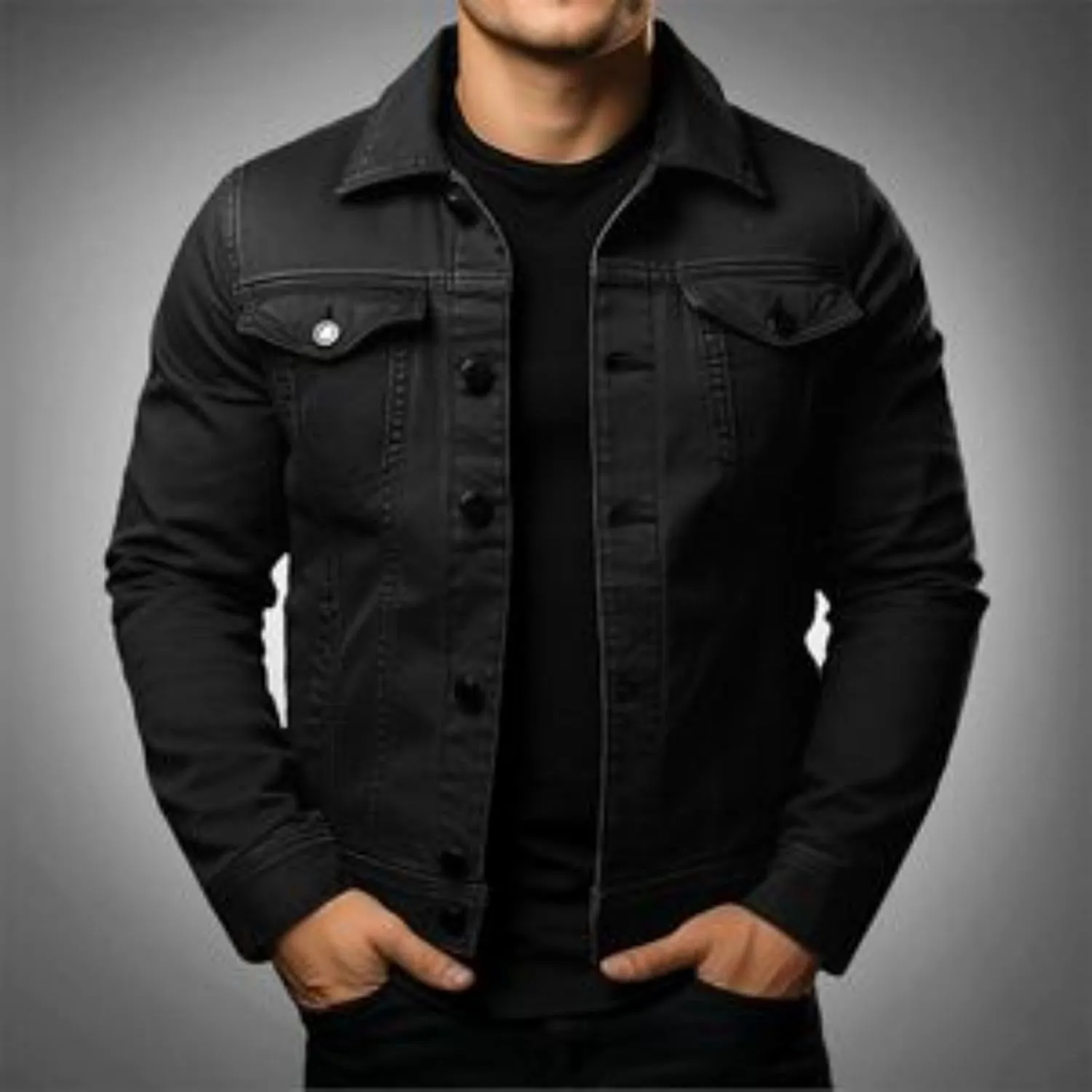 Men's Denim Jackets Casual Slim Fit Classic Jean Coats Lapel Button Long Sleeve Trucker Jean Coat with Pockets