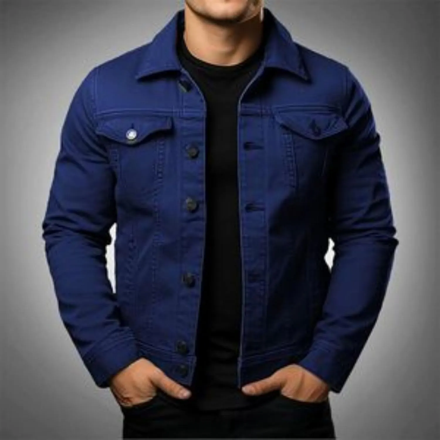 Men's Denim Jackets Casual Slim Fit Classic Jean Coats Lapel Button Long Sleeve Trucker Jean Coat with Pockets