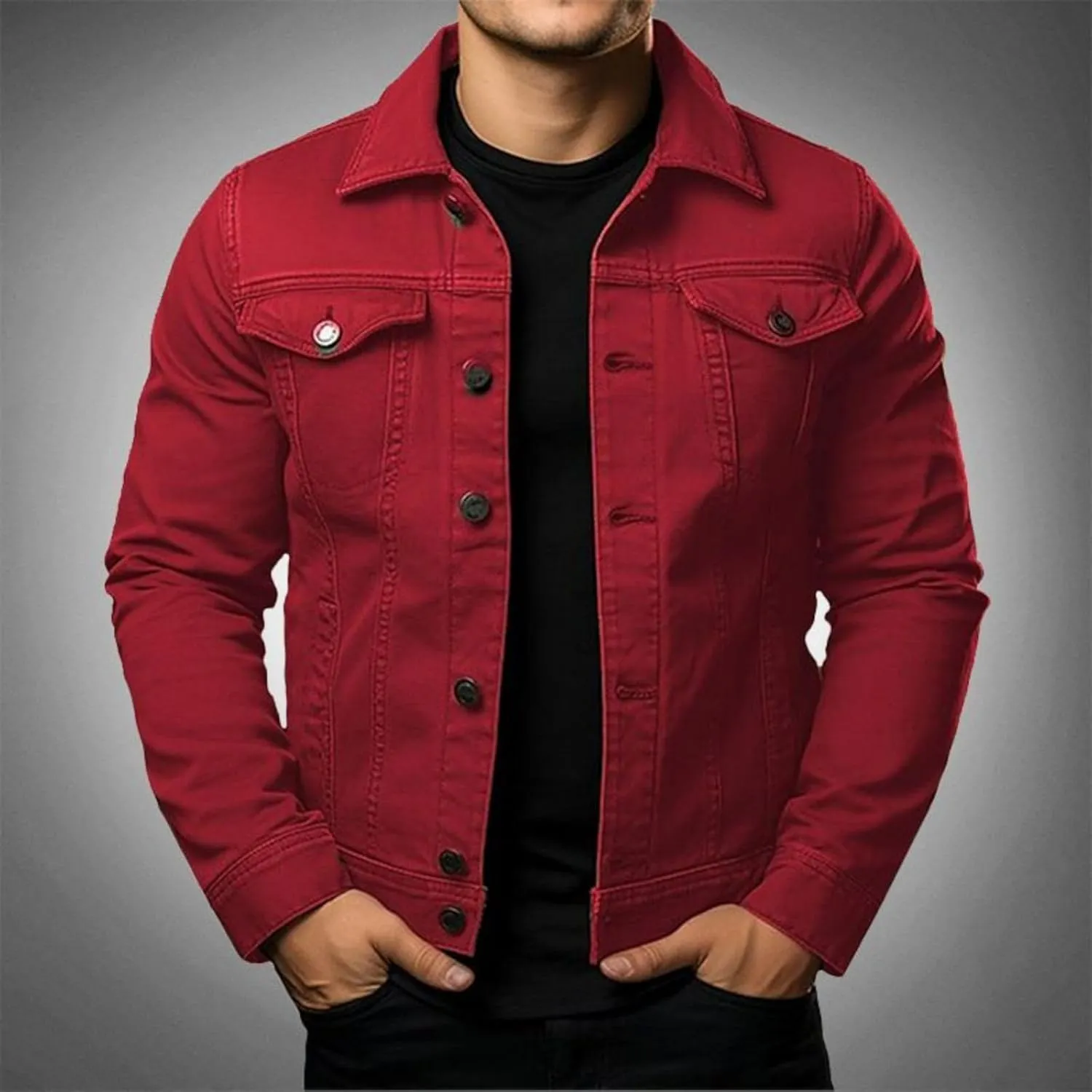 Men's Denim Jackets Casual Slim Fit Classic Jean Coats Lapel Button Long Sleeve Trucker Jean Coat with Pockets