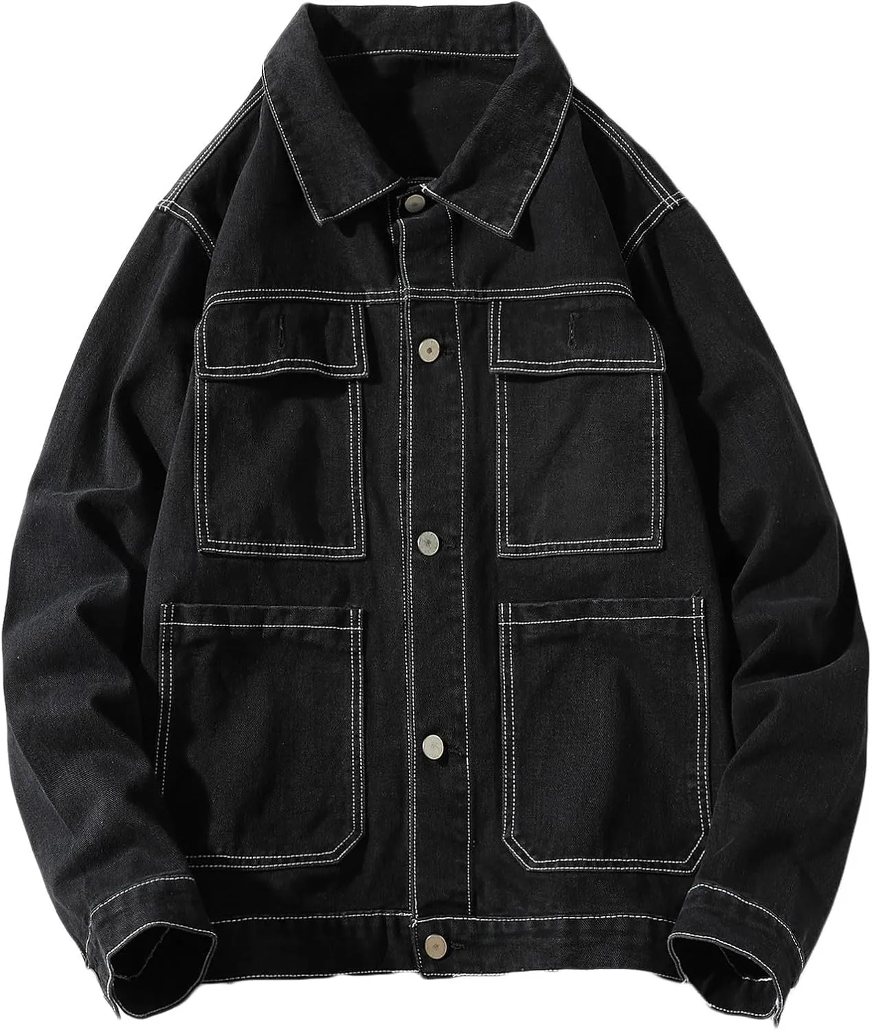 Mens Denim Jackets Fall Lapel Button down Jean Coats Oversized Loose Trucker Jacket Fashion Outerwear with Multi-pocket