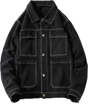 Mens Denim Jackets Fall Lapel Button down Jean Coats Oversized Loose Trucker Jacket Fashion Outerwear with Multi-pocket
